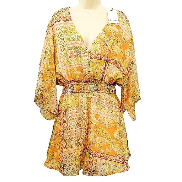 Fate The Label NWT Paisley Floral Romper Orange Patchwork Print - Picture 12 of 13